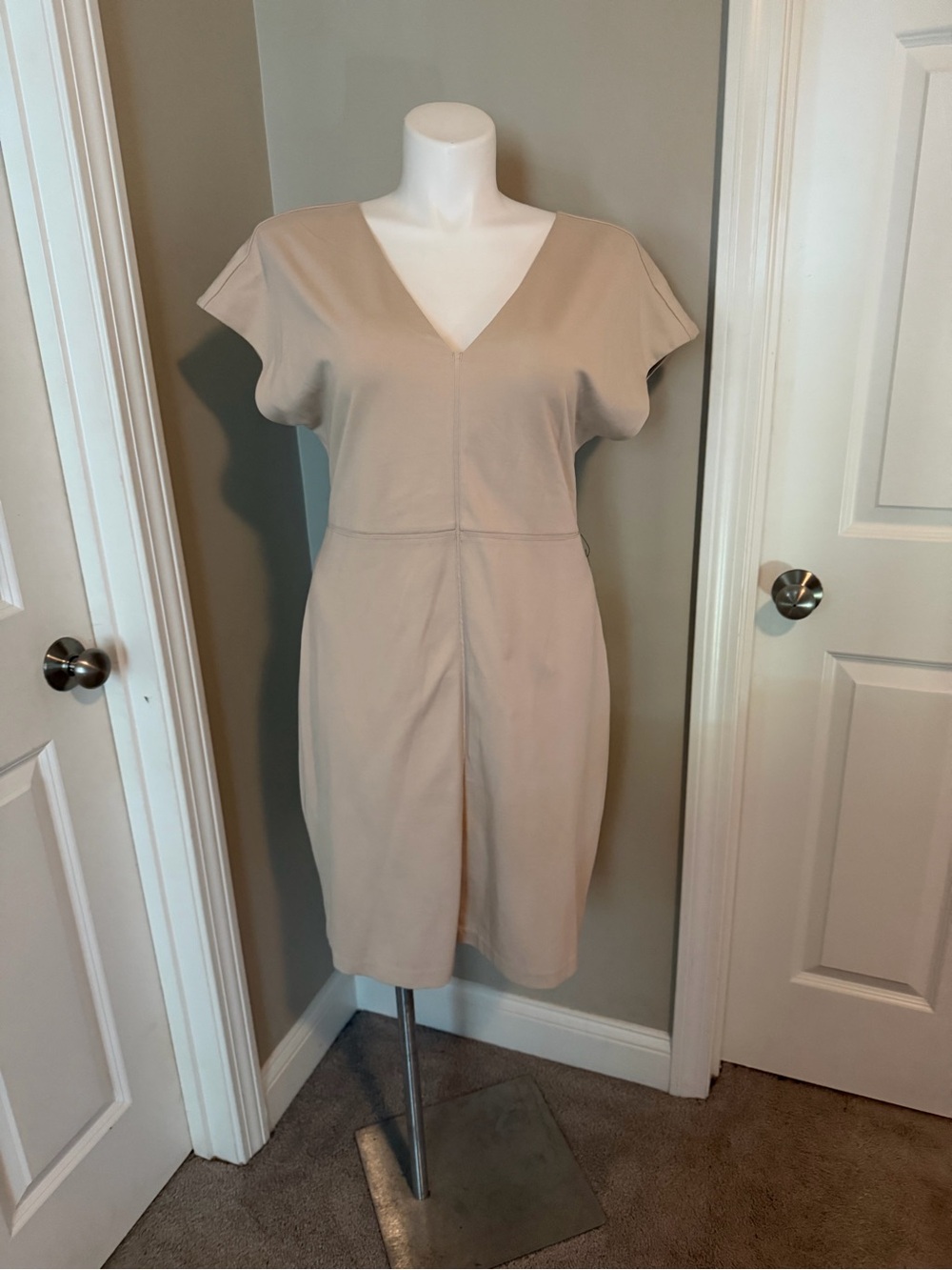 Express V-Neck Short Sleeve Midi Dress in Light Beige NWT
